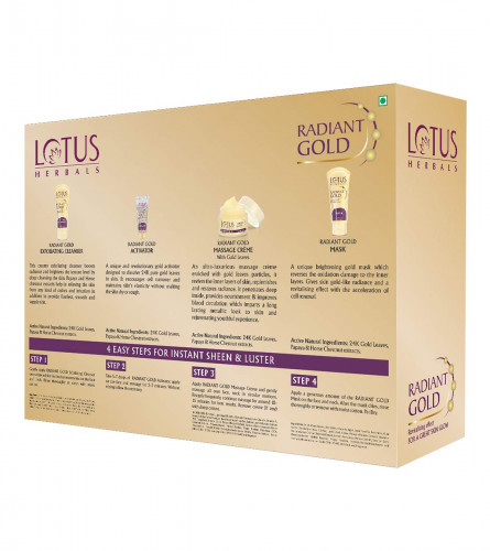 Lotus Herbals Radiant Gold Facial Kit For Instant Glow With 24K Pure Gold & Papaya,4 Steps, 170g