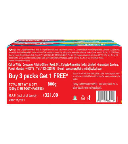 Colgate Active Salt Buy 3+1 Free, 800g (200g x 4) Toothpaste, Daily Germ Protection Toothpaste ,