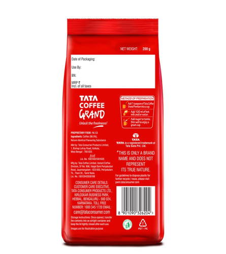 Tata Coffee Grand Premium Instant Coffee 100% Coffee Blend  with Flavour 200G Pouch   Free shipping