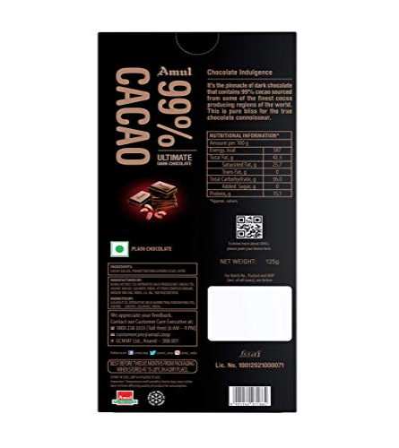Amul 99% Cacao Chocolate, 125g (Pack of 2) (Free Shipping Worldwide)