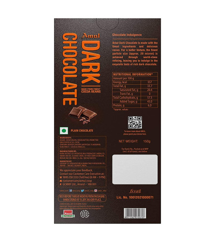 Amul Dark Chocolate, 150gm (Free Shipping Worldwide)