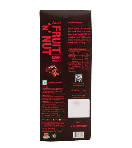 Amul Dark Chocolate Bar Fruit N Nut, 150 g (Free Shipping Worldwide)