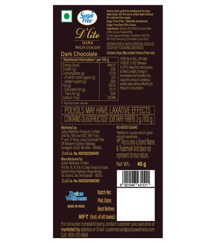 Sugar Free D'lite Rich Cocoa Dark Chocolate Bar, 40g (Pack of 6) (Free Shipping Worldwide)