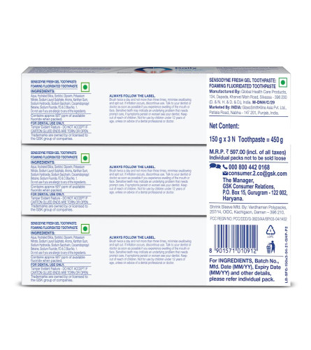 Sensodyne Toothpaste Fresh Gel Combo pack, Sensitive tooth paste for daily sensitivity (150 gm x 3)