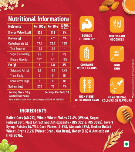 Bagrry's Crunchy Muesli, 1kg Jar| 40% Fibre Rich Oats with Bran