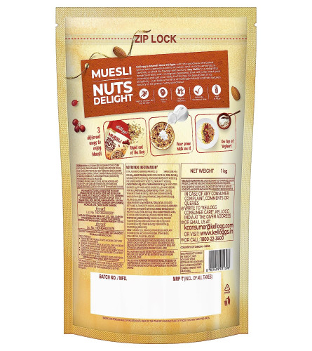 Kellogg's Muesli 20% Nuts Delight 1kg Almonds & Raisins,,High in Iron,Vitamins B1, B2, B3, B6