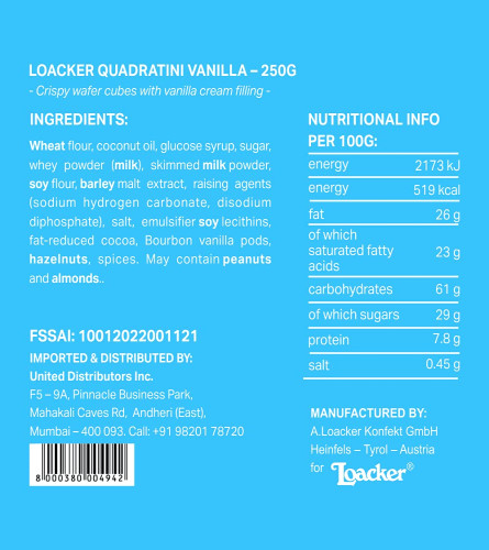 Loacker Quadratini Vanilla 250gm , Free shipping worldwide
