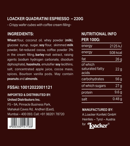Loacker Quadratini Espresso - Crispy Wafer Cubes with Coffee Cream Filling - 220gm, Free shipping