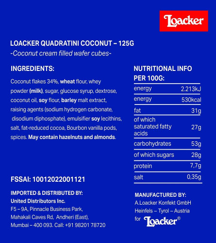 Loacker Quadratini Coconut - 125g Free shipping worldwide