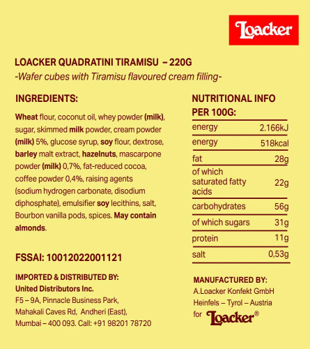 Loacker Quadratini Tiramisu - 220g Free shipping worldwide