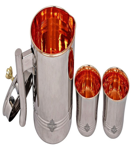 Indian Art Villa Copper Steel Jug And Glass Set - 3 Pieces, Brown Silver, 2000 ml (Fs)