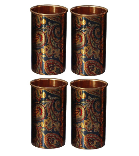 INDIAN ART VILLA Printed Copper Glass Tumbler, Drinkware & Serveware 300 ML, Blue, Set of 4