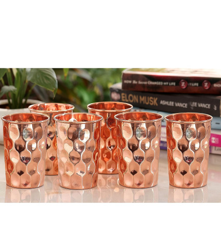 INDIAN ART VILLA Pure Copper Plain Glass with Diamond Hammered Design Drinking Serving Water 300 ml (Pack of 6)