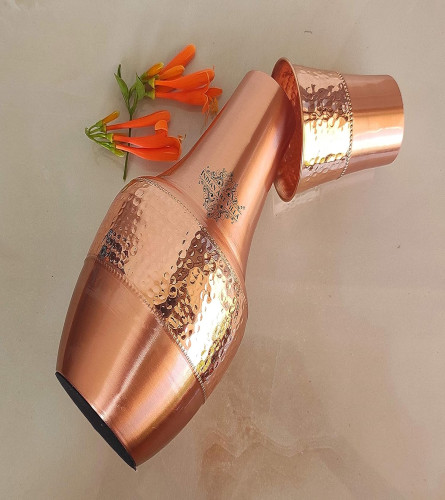 INDIAN ART VILLA Pure Copper Bedroom Water Bottle with Inbuilt Glass 1250 ml (Fs)