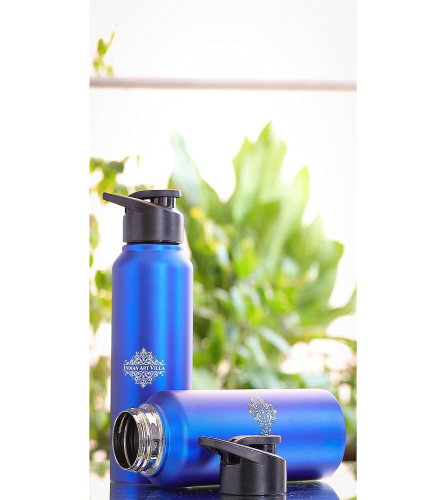 INDIAN ART VILLA Stainless Steel Flat Design Water Bottle With Sipper Cap Colour- Blue Matt, Volume- 1000 ML