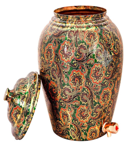 Indian Art Villa Printed Design Copper Water Dispenser Pot Matka