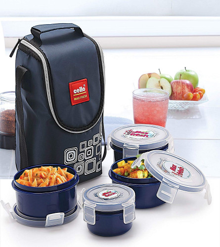 Cello Max Fresh Click Polypropylene Leakproof Lunch Box Set with Bag, 4 Containers - 300ml x 3 & 140ml, Dark Blue