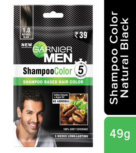 Garnier Men, Liquid Hair Colour, Grey Coverage, Shampoo Color, 1.0 Natural Black