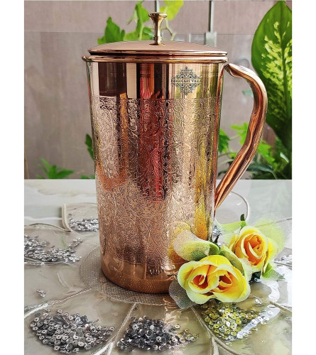 Indian Art Villa Full Embossed Design Copper Jug Pitcher with Brass Knob, Storage & Serving Water 1000 ml