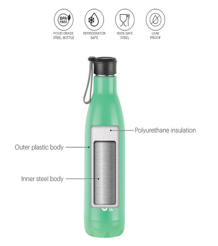 Cello Puro Steel-X Neo 900 Cold Water Bottle with Inner Steel and Outer Plastic Insulated Kids Water Bottle - Green 730 ml