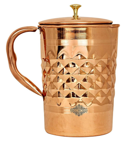 Indian Art Villa Dinamond Hammered Design Copper Jug Pitcher 1000 ml (Fs)