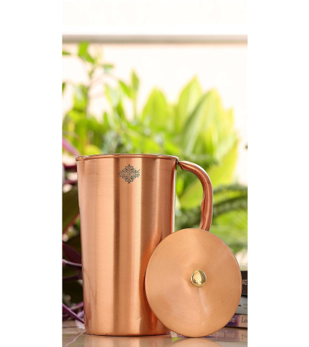 Indian Art Villa Plain Lacqure Coated Copper Jug Pitcher with Brass Knob 1500 ml
