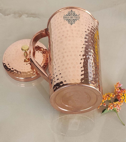 Indian Art Villa Hammered Design Copper Jug Pitcher With Brass Knob 1500 Ml