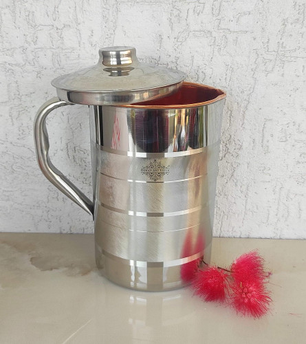 Indian Art Villa Steel Copper Luxury Design Jug Pitcher With Lid 1500 Ml