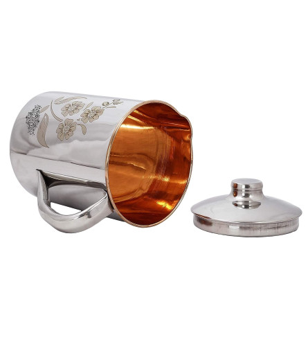 Indian Art Villa Steel Copper Floral Design Jug Pitcher with Lid, Storage & Serving Water 1500 ml
