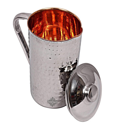 Indian Art Villa Steel Copper Hammered Design Jug Pitcher with Lid, Storage & Serving Water 1500 ml (Fs)