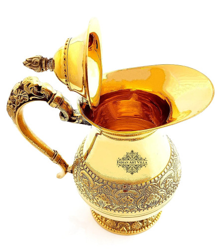 Indian Art Villa Designer Brass Embossed Jug Pitcher with Lid, Drinkware & Tableware - Gold 1000 ml