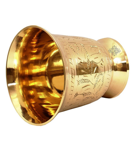 INDIAN ART VILLA Pure Brass Glass Tumbler with Mughlai Etched Design, for Drinking Serving Water 250 ml (Set of 4)