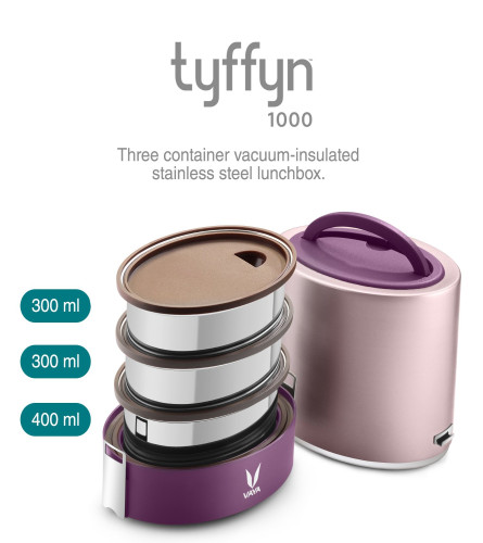 VAYA TYFFYN Polished Stainless Steel Lunch Box with Bagmat, 1000 ml, 3 Containers, Purple