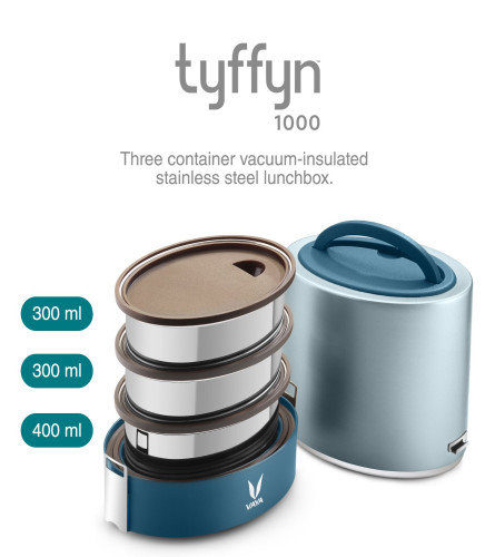 VAYA TYFFYN Polished Stainless Steel Lunch Box with Bagmat, 1000 ml, 3 Containers - Blue