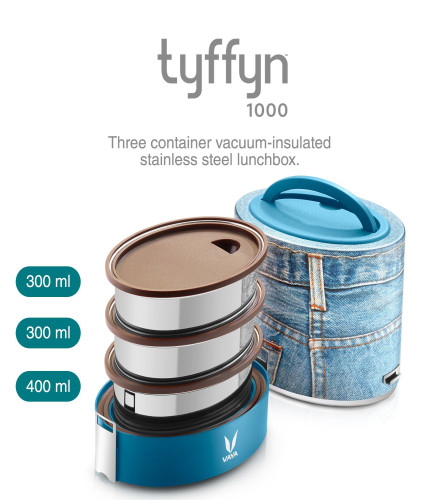 VAYA TYFFYN Polished Stainless Steel Lunch Box with Bagmat, 1000 ml, 3 Containers, Denim