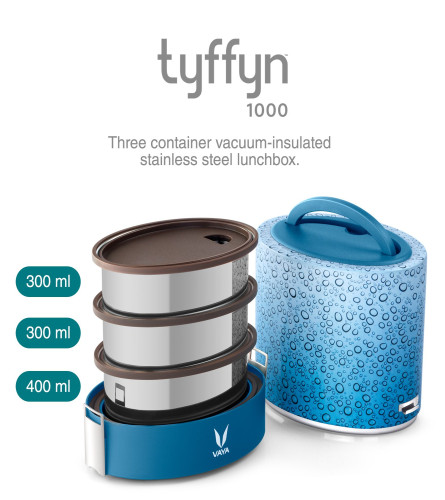 VAYA TYFFYN Stainless Steel Polished Lunch Box with Bagmat, 1 Litre, Dew