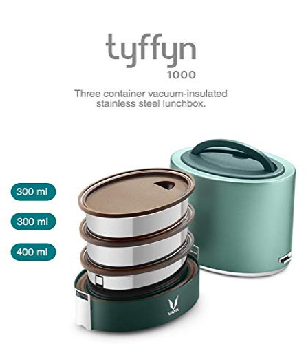 VAYA TYFFYN Green Polished Stainless Steel Lunch Box with Bagmat, 1000 ml, 3 Containers, Green
