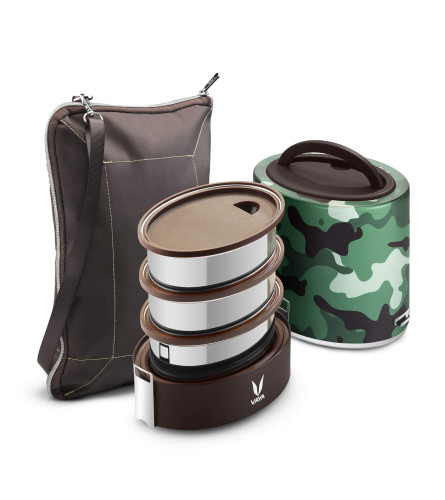 VAYA TYFFYN Camo Polished Stainless Steel Lunch Box with Bagmat, 1000 ml, 3 Containers, Green