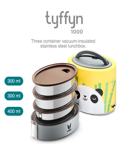 VAYA TYFFYN Panda Polished Stainless Steel Lunch Box with Bagmat, 1000 ml, 3 Containers, Yellow