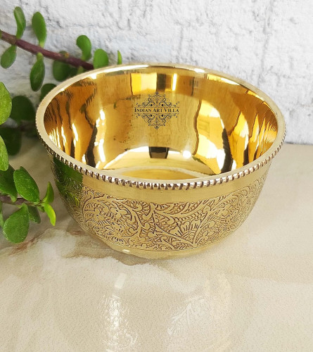 INDIAN ART VILLA Pure Brass Embossed Design Flat Bottom Bowl 220 ml, Set of 4