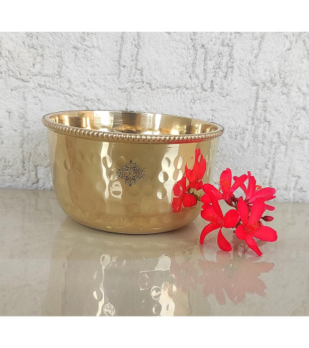 INDIAN ART VILLA Pure Brass Hammered Beeded Design Flat Bottom Bowl 150 ml Set of 4