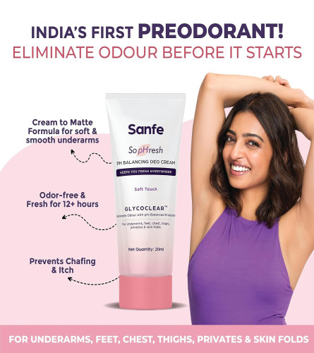Sanfe So pHresh PH Balancing Deo Cream -Soft Touch For Underarms, Feet, Intimates & Skin Folds 20 ml (pack of 3 ) Fs
