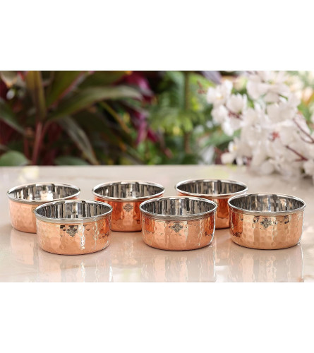 INDIAN ART VILLA Hammered Steel Copper Bowls - 145 ML Each (Set of 6) Fs