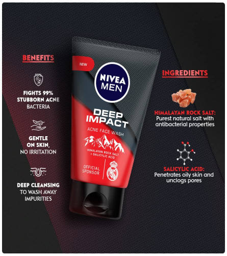 Nivea Men Facewash, Deep Impact Acne, With Himalayan Rock Salt
