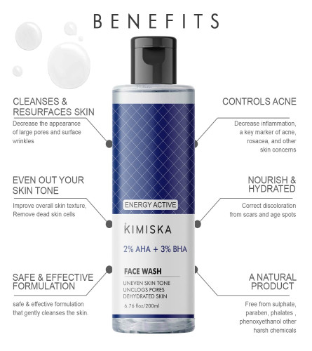 KIMISKA 2% AHA + 3% BHA Face Wash - Face Cleanser - Deep Cleans & Prevents Acne