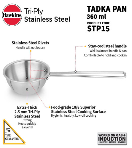 Hawkins 1.5 Cup Tadka Pan, 360 ml Triply Stainless Steel Pan, Induction Pan, Silver (Pack Of 1) Fs