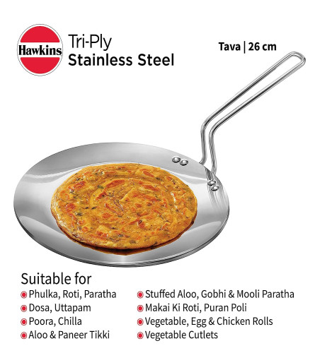 Hawkins Tri-Ply Stainless Steel Tava 26 cm, 3.5mm Induction Compatible (Pack Of 1) Fs