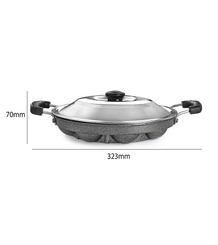 Cello Non-Stick 12 Cavity Appam Patra 2 Side Handle with Stainless Steel Lid (Pack Of 1) Fs