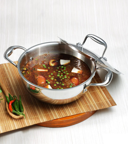 Vinod Platinum Triply Stainless Steel Extra Deep Kadhai with Stainless Steel Lid 1.1 litres Capacity