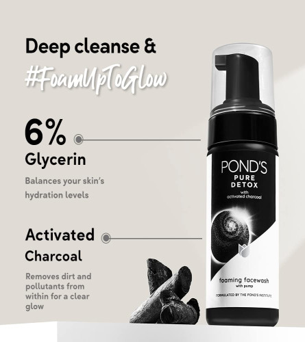 Pond's Pure Detox Foaming Pump Facewash for with Activated Charcoal, 150 ml (pack of 2) free shipping
